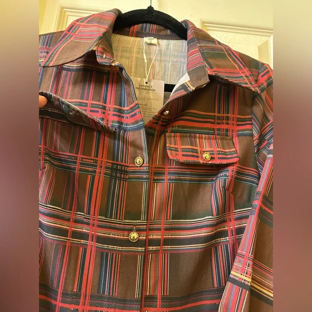 Oyrosy Retro Ethnic Style Lapel Reddish Brown Plaid Maxi Dress size S - Picture 11 of 11